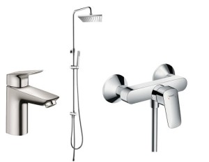 HANSGROHE Logis bateria do umywalki + prysznicowa + Kwadro kolumna prysznicowa
