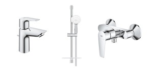 Grohe BauEdge Tempesta 110 zestaw bateria umywalkowa stojąca + bateria prysznicowa + zestaw prysznicowym z drążkiem i półka , 2 strumienie