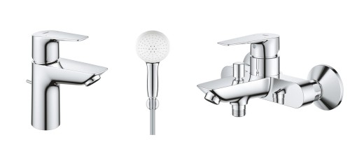 Grohe Bauedge bateria umywalkowa 23328001 + wannowa 23604001 + Tempesta 110 zestaw prysznicowy 27799003