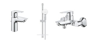 Grohe BauEdge Tempesta 110 zestaw bateria umywalkowa stojąca + bateria wannowa + zestaw prysznicowym z drążkiem i półka , 2 strumienie 