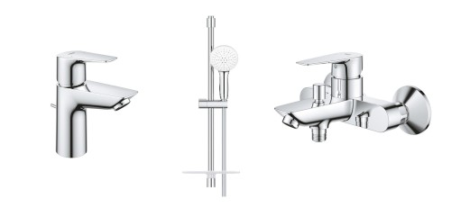 Grohe Bauedge bateria umywalkowa 23328001 + wannowa 23604001 + Tempesta 110 zestaw prysznicowy 27926003