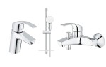 Grohe Eurosmart Tempesta 110 zestaw bateria umywalkowa stojąca + bateria wannowa + zestaw prysznicowym z drążkiem i półka , 2 strumienie