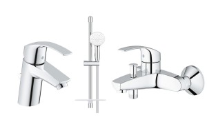 Grohe Eurosmart Tempesta 110 zestaw bateria umywalkowa stojąca + bateria wannowa + zestaw prysznicowym z drążkiem i półka , 2 strumienie