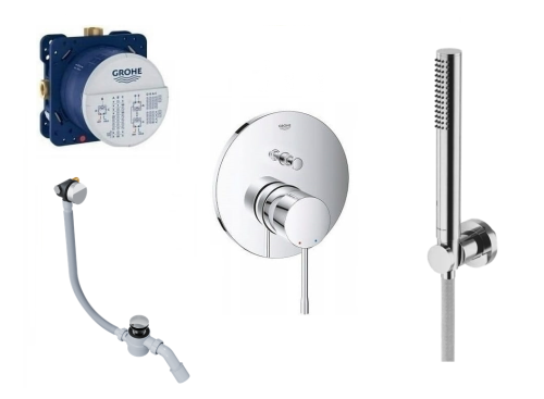 Grohe Essence NEW Rapido SmartBox bateria wannowa + Pi rączka prysznicowa + Hover syfon z napełnianiem korek Click