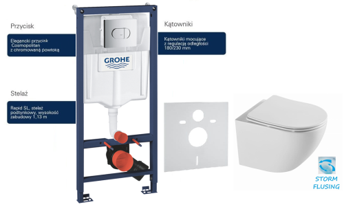 Grohe Solido Arena zestaw instalacyjny do wc podwieszanego 3w1 chrom h 1,13 m 38981000 Aquaform miska Soller Storm deska Slim wolnoopadająca biała