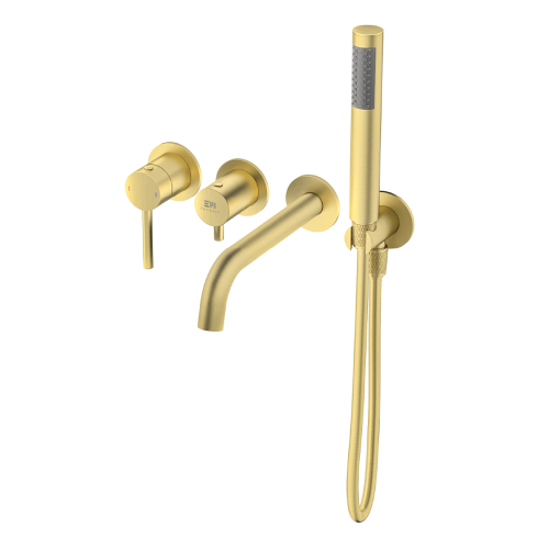 EMPORIA FLY bateria wannowa podtynkowa 4-otworowa z boxem podtynkowym i z zestawem prysznicowym złoty szczotkowany 03032GN