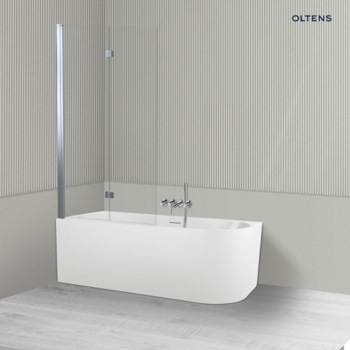 Oltens Delva Sela zestaw wanna wolnostojąca narożna akrylowa lewa biała z parawanem nawannowym 115 cm 2-częściowy chrom