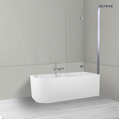 Oltens Delva Sela zestaw wanna wolnostojąca narożna akrylowa prawa biała z parawanem nawannowym 115 cm 2-częściowy chrom